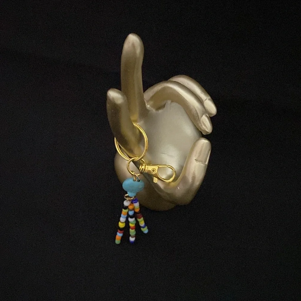 HANDCRAFTED Goldtone Keychain w/Turquoise Magnesite Gemstones & Glass Seed Beads
